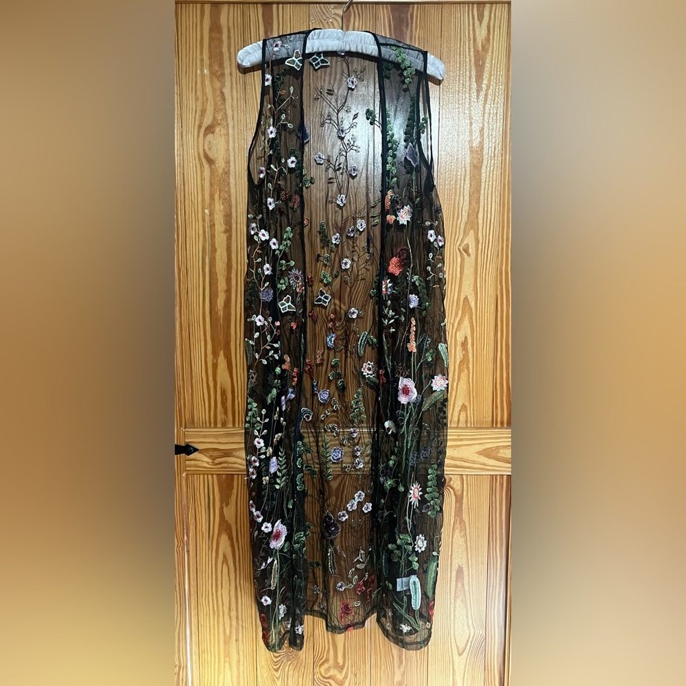 Black Sheer Embroidered Tulle Mesh Long Duster Floral Open Front Topper Vest - Picture 2 of 13